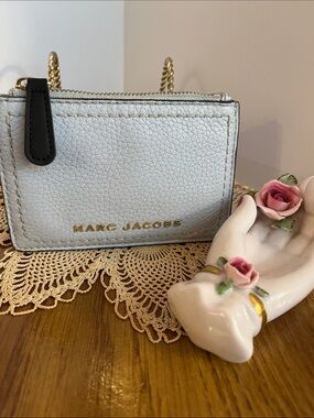 Marc Jacobs Light Blue Pebbled Leather Mini Chain Card Case with Gold Hardware